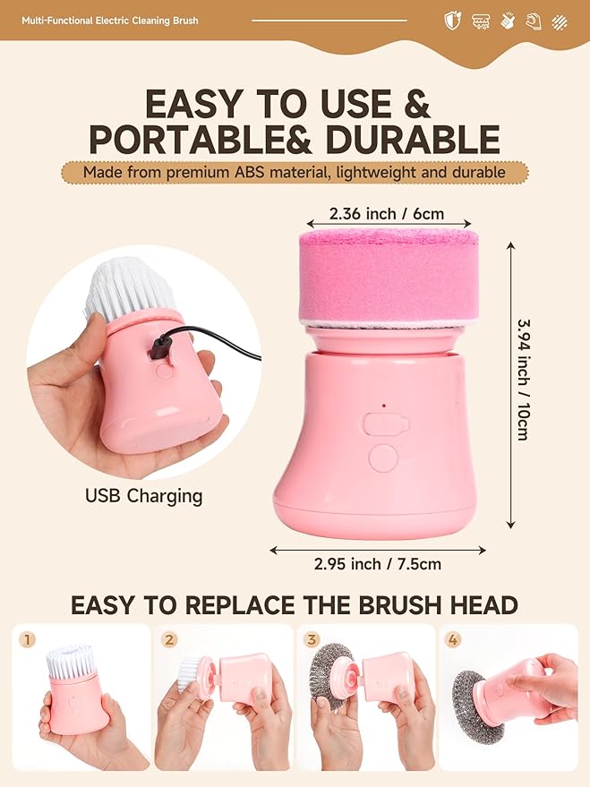 Pink Electric Spin Scrubber, Cordless Handheld Dish Scrubber Brush for Kitchen & Bathroom, Power Scrubber for Cleaning Sink, Grout, Shower, Aesthetic Pink Kitchen Accessories & Supplies