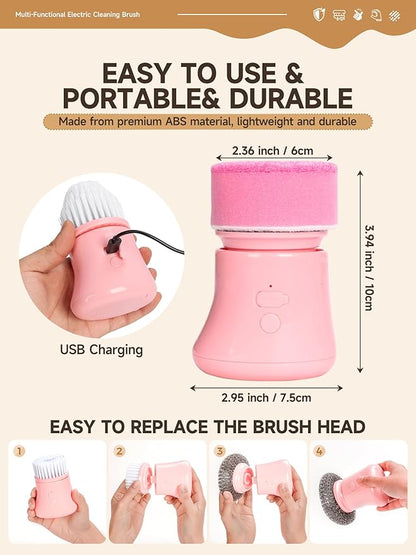 Pink Electric Spin Scrubber, Cordless Handheld Dish Scrubber Brush for Kitchen & Bathroom, Power Scrubber for Cleaning Sink, Grout, Shower, Aesthetic Pink Kitchen Accessories & Supplies