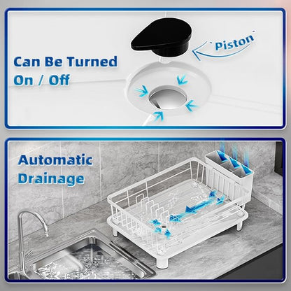 Dish Drying Rack, Stainless Steel-Dish Rack, Dish Racks for Kitchen Counter, Kitchen Dish Drainers with Removable Utensil Holder,New drain outlet,Plate Rack and Drainboard,(White-11" W x 15" L)