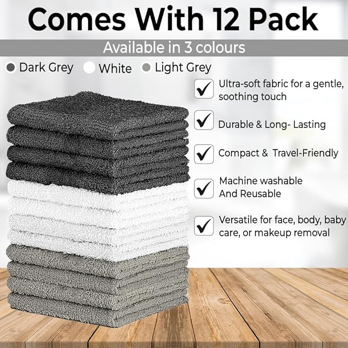 100% Cotton Washcloth Set – Soft, Absorbent Face Towels for Bathroom & Gym Use –Reusable, Durable & Machine Washable - Dark Grey, White & Light Grey, 12x12 Inches, Pack of 12