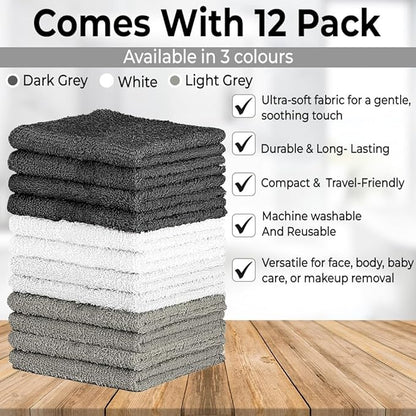 100% Cotton Washcloth Set – Soft, Absorbent Face Towels for Bathroom & Gym Use –Reusable, Durable & Machine Washable - Dark Grey, White & Light Grey, 12x12 Inches, Pack of 12