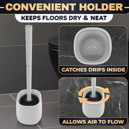 Toilet Brush and Holder Set - Silicone Toilet Bowl Brush with White Holder Base, Compact Bath Accessory for Small Spaces - Easy to Place and Simple to Store After Use, Plastic Bathroom Cleaning Tool