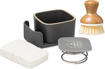 Full Circle Bubble Up Combo — Family Safe, Formaldehyde-Free – Gray Ceramic Soap Dish with Plant-Based Sponge & Bamboo Dish Brush – Versatile Kitchen Scrub Brush Set for Pots, Pans, Counter & Ovens