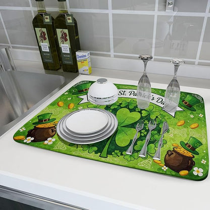 Happy St. Patrick's Day Dish Drying Mat 18 x 24 Inch With Absorbent Reversible Microfiber Spring Lucky Clover Shamrock Hat Drying Green Dish Drainer Mat Fast Dry For Kitchen Dining Room Decor