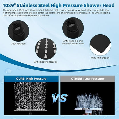 Hibbent All Metal cUPC Certified Shower Head, 10'' High Pressure Rain Shower Head, Handheld Showerhead Combo with 16'' Adjustable Extension Arm, 10 Sprays, 71'' Hose, Showerhead Holder, Matte Black
