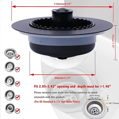 Kitchen Sink Drain Strainer 3 in 1, 304 Stainless Steel Pop Up Sink Stopper, Anti-Clogging Drain Stopper, Strainers for Kitchen, Drain Cover and Kitchen Accessories for US Standard Sink (Black)