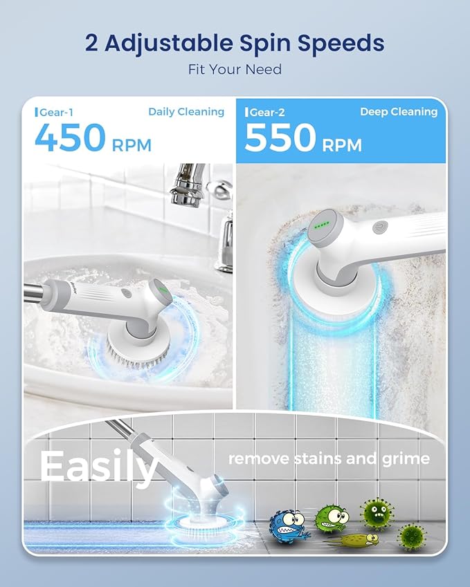 VEWIOR Electric Spin Scrubber, Cordless Cleaning Brush with 3 Adjustable Angle 2 Speeds 3 Replaceable Brush Heads, Electric Cleaning Brush for Floor Bathroom Tub Tile Kitchen Window