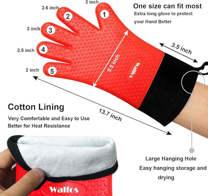Walfos Silicone BBQ Gloves - Heat Resistant Grilling Gloves Set with Pork Shredder Claws & Brush, Non-Slip Kitchen Silicone Oven Mitt with Protective Cotton Layer, Suit for Indoor & Outdoor, Red