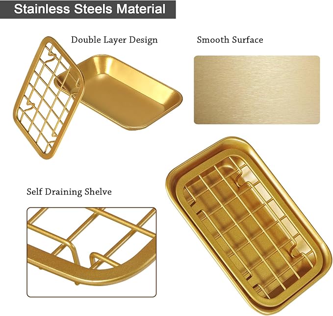 Kitchen and Bathroom Soap Dish Tray - Metal 2-Piece Soap Dish Tray with Drainage Grid and Holder for Kitchen Sink Countertops to Store Soap, Sponges, Scrubbers - Rust Resistant (2 Pack, Gold)