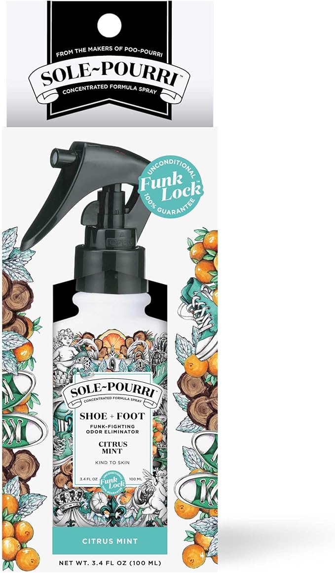 Sole-Pourri Shoe Deodorizer + Foot Spray,3.4 Fl Oz,Up to 150 Uses,Funk-Fighting Odor Freshener with Essential Oils,for Smelly Shoes,Feet & Gym Bags,Citrus & Mint Scent,(Pack of 2)