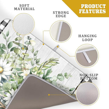 Spring Daisy Floral Dish Drying Mat for Kitchen Counter Watercolor Flowers Absorbent Dishes Drainer Rack Mat 18x24 Inch Microfiber Dish Drying Pads Spring Kitchen Drying Dishes Pad for Countertops