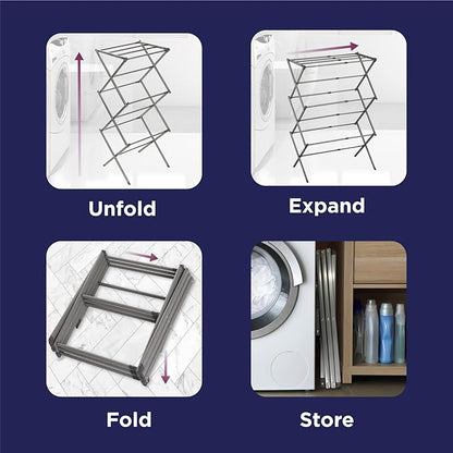 BLACK+DECKER 3 Tier Expandable Collapsing Foldable Laundry Rack for Air Drying Clothing, Space Saving Heavy Duty Lightweight Metal Drying Rack(Silver)