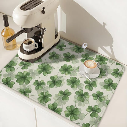 St Patrick's Day Green Clover Dish Drying Mat for Kitchen Counter Spring Holiday Watercolor Lucky Shamrock Drying Mat 18x24 Inch Absorbent Dish Drainer Mat Kitchen Accessories