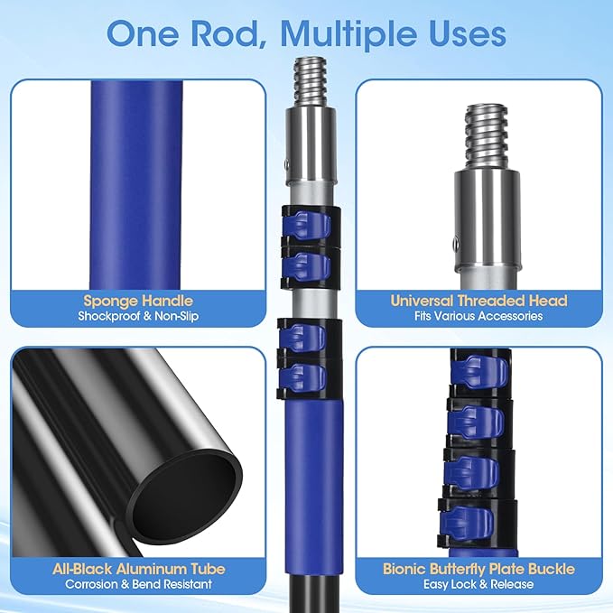 Light Bulb Changer for High Ceilings, 3.4-12.4FT Extension Pole Telescopic Extension Poles for Cleaning, Ceiling Fan Cleaner Duster Kit with Baskets, Suction Cup, Plush Brush for Roof Window Cleaning