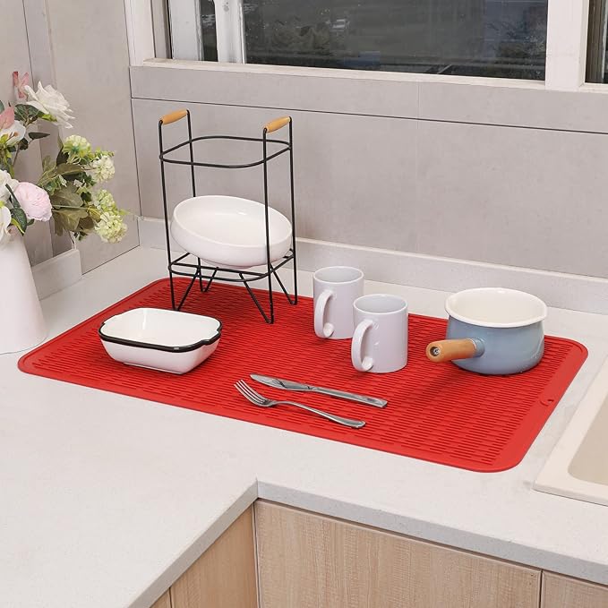 MicoYang Silicone Dish Drying Mat for Multiple Usage,Easy clean,Eco-friendly,Heat-resistant Silicone Mat for Kitchen Counter or Sink,Refrigerator or Drawer Liner Red 4XL 32 inches x 18 inches