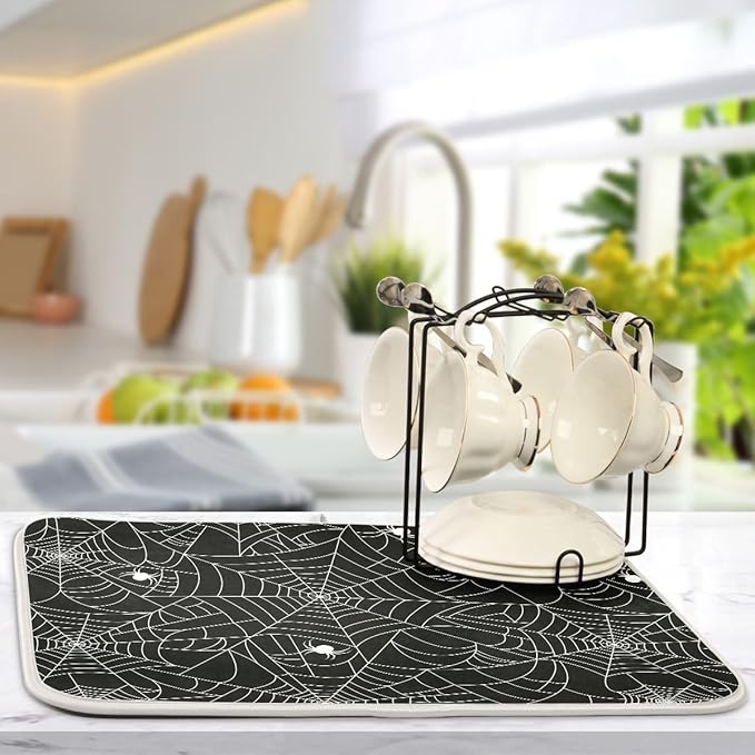Halloween Spooky Spider Web Dish Drying Mat for Kitchen Happy Halloween Creepy Decoration Microfiber Drying Mats Absorbent Reversible Dish Pad Large Dish Draining Mat 18x24 inch