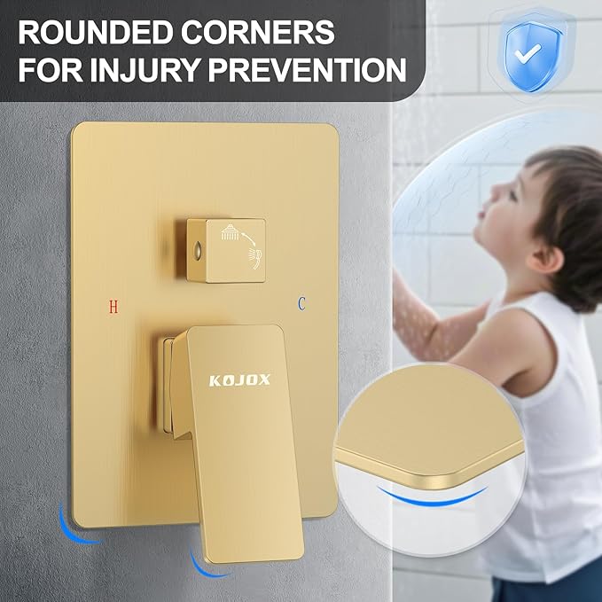 KOJOX Shower System Bathroom Luxury 12 Inch Rain Shower Head with Handheld Mixer Shower Combo Set Wall Mounted Shower Faucet Trim with Valve Brush Gold