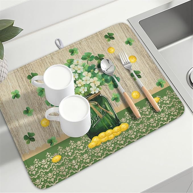 St Patricks Day Dish Drying Mat for Kitchen Counter Spring Holiday Green Lucky Shamrock Vase Drying Mat 18x24 Inch Absorbent Dish Drainer Mat Kitchen Accessories
