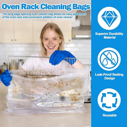 XANGNIER 10 Pack No Scrub Oven Rack Cleaning Bags with Side Zipper Opening,27.8 * 19.5 in,No Cleaner Included, Reusable Leakproof Soaking Cleaner Bags for Removable Metal Rack,BBQ Grills,Grill Grate