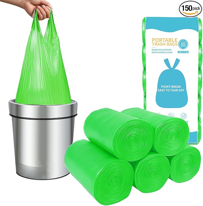MakMeFre 5Rolls 4Gallon Portable Trash Bags,Thicken Small Garbage Bags for Office,Bedroom,Kitchen Waste Bin(150Counts,Green)