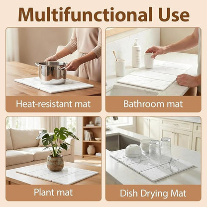 Large Stone Dish Drying Mat for Kitchen Counter,24"(L)×16"(W),Quick Dry Super Absorbent Drying Matt Kitchen Counter,Collapsible Diatomaceous Earth Dish Mats,for Dishes Bottles Cups,Any Countertop
