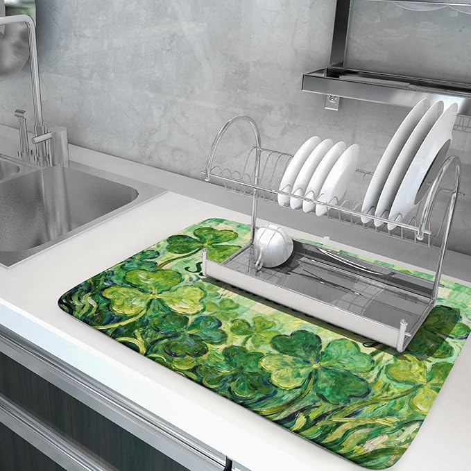 St Patrick's Day Shamrock Dish Drying Mat for Kitchen Counter 18x24 Green Lucky Clover Plaid Happy Holiday Absorbent Reversible Microfiber Drying Mats Kitchen Countertop Protector Dishes Drainer Pad
