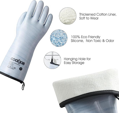 COOLJOB Heat Resistant Oven Gloves, Waterproof Liquid Silicone BBQ Grilling Gloves for Barbecue, Kitchen Cleaning, Baking, Blue, Medium