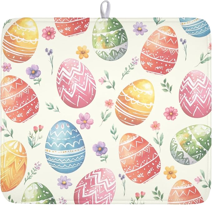 Easter Dish Drying Mat for Kitchen Counter Colorful Easter Eggs Floral Pattern Drying Mat 16x18 Inch Spring Holiday Absorbent Dish Drainer Mat Kitchen Accessories