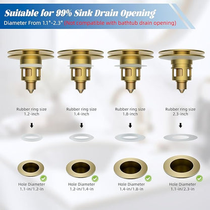 Hibbent 2 Pack All Metal Bathroom Sink Stopper, Universal Pop Up Drain Strainer, Brass Bullet Core Push Type Sink Stopper for 1.1''~2.3'' Basin, Big Push Button, Anti Clogging Filter, Brushed Gold
