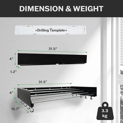 Foldable Wall Mounted Drying Rack - 31.5” Wide, 13.2 Ft Drying Space, 5 Aluminum Rods, Supports Up to 60 lbs - Retractable & Foldable Space-Saving Wall Mounted Clothes Drying Rack (Black)