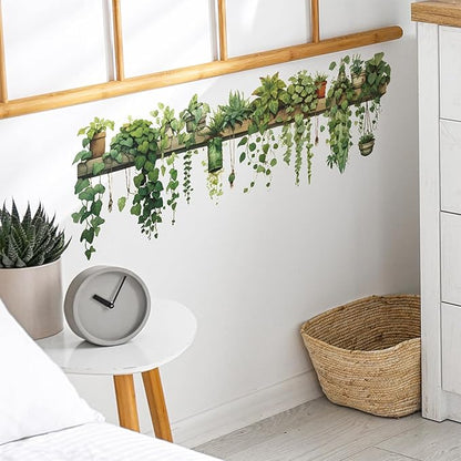Nature Green Plants Peel and Stick Wall Decals Wallpaper, Removable Wall Decals Shelves Green Plants Vinyl Art Wall Stickers & Murals for Living Room Kitchen Bathroom Decoration (A-Green)