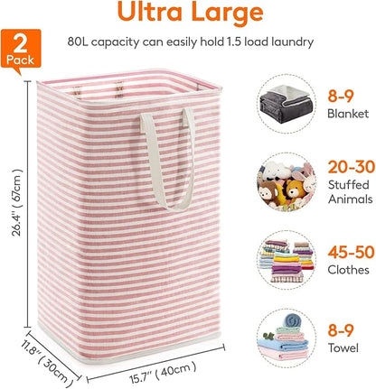 Lifewit 2 Pack Laundry Basket 80L Each, Collapsible Clothes Hamper with Reinforced Handles, Freestanding Waterproof Design for Bedroom and Laundry Room, Grey&Pink 160L Total