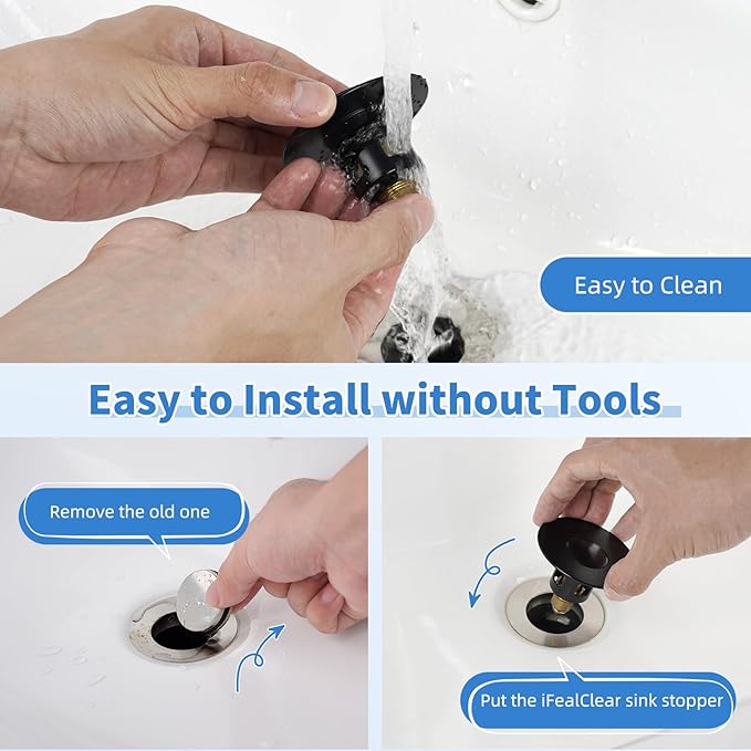 iFealClear Metal Universal Bathroom Sink Stopper, Upgraded Stainless Steel Sink Drain Strainer for 1.1''~2.36" Basin Pop Up Drain Strainer, Anti-Clogging Filter Basket, Matte Black