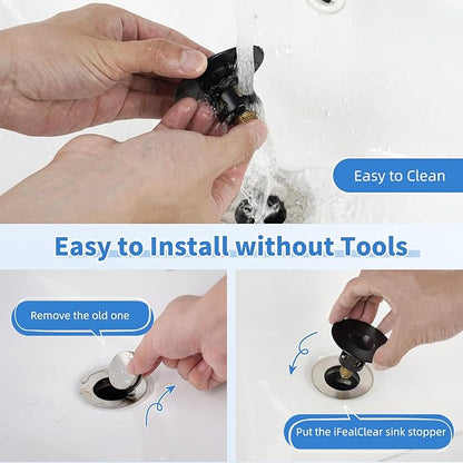 iFealClear Metal Universal Bathroom Sink Stopper, Upgraded Stainless Steel Sink Drain Strainer for 1.1''~2.36" Basin Pop Up Drain Strainer, Anti-Clogging Filter Basket, Matte Black