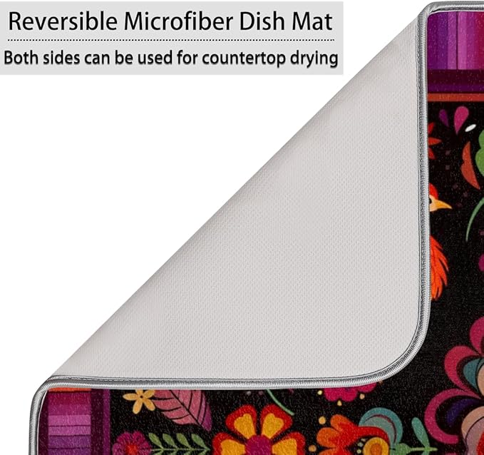 Dish Drying Mats with Hanging Loop for Kitchen Counter - Super Absorbent & Microfiber Sink Dry Mat with Mexican Flower, Non-Slip Backing, Dishes, Sink, Countertop Protection 18"x24"