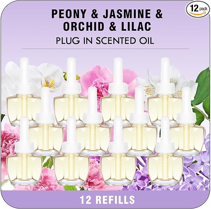 Plug Ins Refills Air Freshener, Peony, Jasmine, Orchid, Lilac, for Home and Bathroom 7.92 Fl Oz 12 Count, Compatible with Air Wick & Glade,Not Include Glade Plus