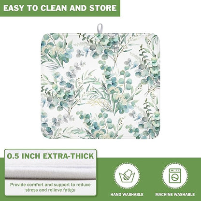 Spring Sage Green Leaves Dish Drying Mat for Kitchen Counter Watercolor Eucalyptus Leaf Drying Mat 16x18 Inch Rustic Farmhouse Absorbent Dish Drainer Mat Kitchen Accessories