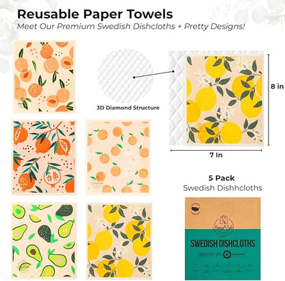 Harps&Seb Swedish Dishcloths for Kitchen Dish Towels - 5 Pack, Non-Scratch Reusable Paper Towels, Super Absorbent Washable Swedish Dish Cloths, No Odor, Biodegradable, Fruit Design