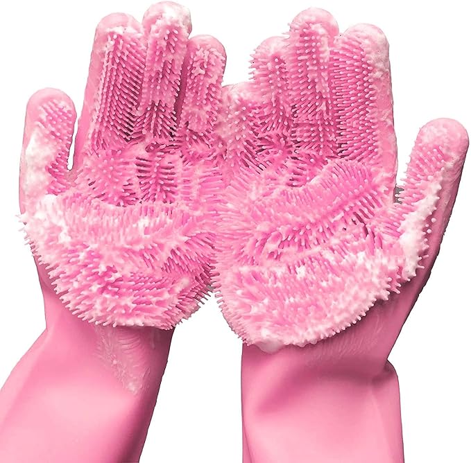 Silicone Dishwashing Gloves, Pet Grooming Rubber Scrubbing for Dishes, Sponge Wash Cleaning with Scrubbers (13.6" L)