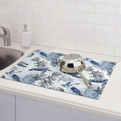 Navy Blue White Sea Turtle & Coral Dish Drying Mats for Kitchen Counter & Sink, Absorbent Microfiber Drying Pad for Dishes, Foldable Nautical Kitchen Mat for Dining Area & Home Decor, 18" x 24"