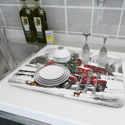 Red Truck Christmas Dish Drying Mat for Kitchen Counter 18x24 Inch Winter Xmas Tree Snowman Dog Print Absorbent Reversible Microfiber Drying Mats Kitchen Countertop Protector Dishes Drainer Rack Pad