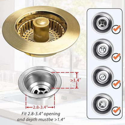 Anlige Kitchen Sink Drain Strainer, 3 in 1 Pop Up Kitchen Sink Stopper, with an Extra Basket Strainer, Universal for US Standard 3-1/2 Inch, Brushed Gold