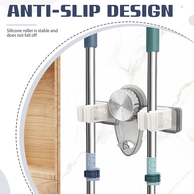 2 Pieces Self Adhesive Broom Holder Wall Mount, No Punching Heavy Duty Broom and Mop Organizer, Non-slip Mop Hanger with 2 Slots & 1 Hook for Bathroom Kitchen Laundry Room, Clear, Gray