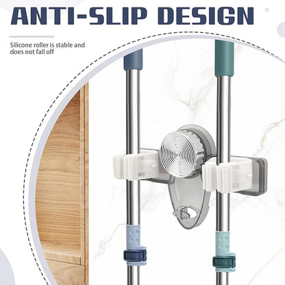 2 Pieces Self Adhesive Broom Holder Wall Mount, No Punching Heavy Duty Broom and Mop Organizer, Non-slip Mop Hanger with 2 Slots & 1 Hook for Bathroom Kitchen Laundry Room, Clear, Gray