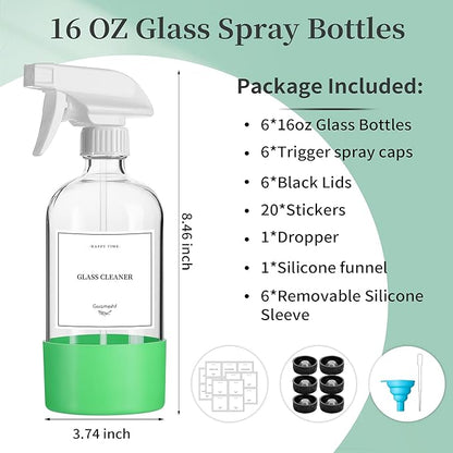 GIVAMEIHF 16oz Clear Glass Spray Bottles,6 Pack Glass Spray Bottles Refillable Empty Bottle with Adjustable Nozzle,Spray Bottle for Essential Oils,Cleaning,Pets,Hair Mister
