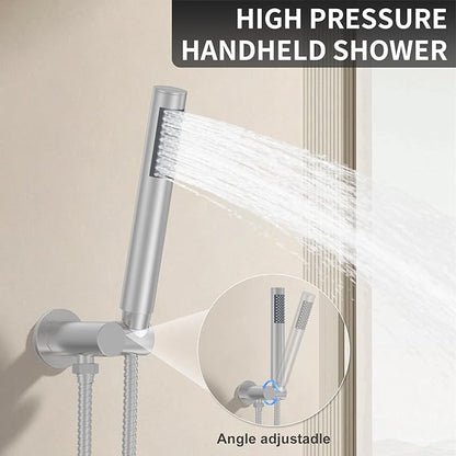 KOJOX 10 Inch Brushed Nickel Shower System with High Pressure Rain Shower Head, Handheld Shower Head, Bathroom Mixer Shower Set Wall Mounted Shower Faucet Rough-in Valve and Trim Kit