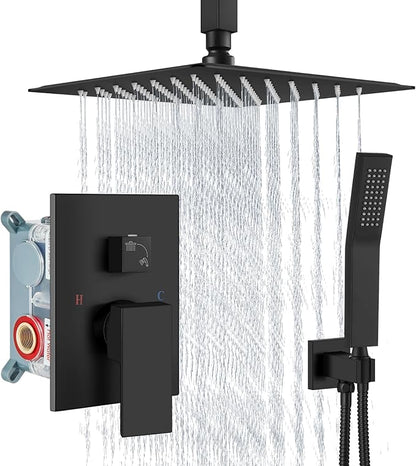 Aolemi Ceiling Mount Shower System Rain Shower Head with Handheld Spray High Pressure Shower Faucet Set Rough-in Valve Shower Trim Kit Included Bathroom Matte Black 10 Inch Ceiling Shower Head