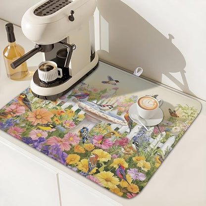 Spring Summer Floral Birds Dish Drying Mat for Kitchen Counter Colorful Garden Pattern Drying Mat 16x18 Inch Rustic Farmhouse Absorbent Dish Drainer Mat Kitchen Accessories