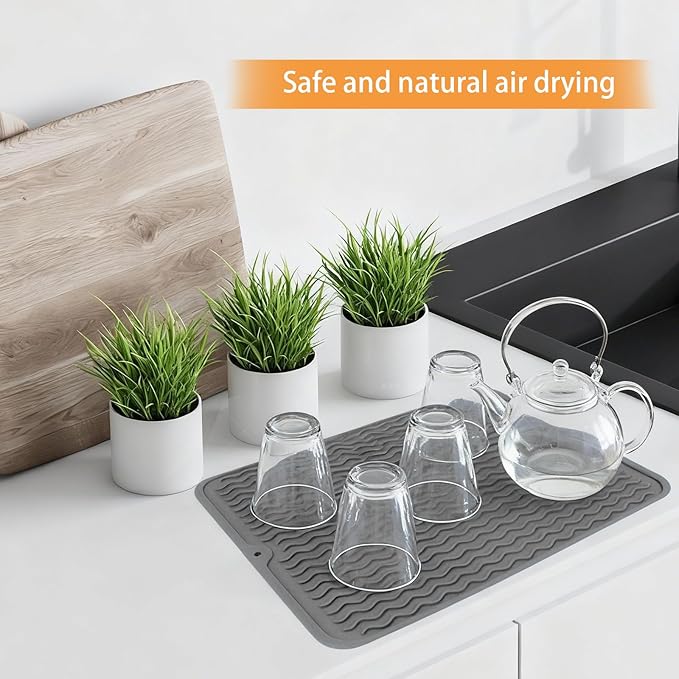 Silicone Dish Drying Mat, Easy Clean, Eco-Friendly, Heat-Resistant, Grey, Food-Grade Silicone Dish Drying Mat for Kitchen Counter, Dishes, Refrigerator or Drawer Liner (16” x 12”)
