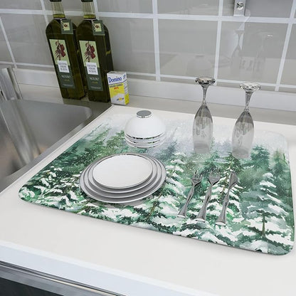 Christmas Tree Dish Drying Mat 18 x 24 Inch With Absorbent Reversible Microfiber Green Pine Tree Drying Mats Winter Holiday Dish Drainer Mat Fast Dry For Kitchen Dining Room Decoration